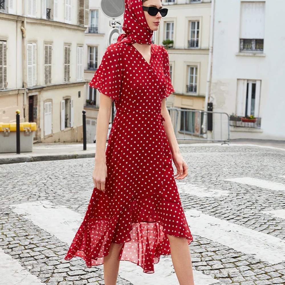 10 Momme Mulberry Silk Polka Dots Print Wrapped Ruffle Women Midi Dress - Xxs View 2